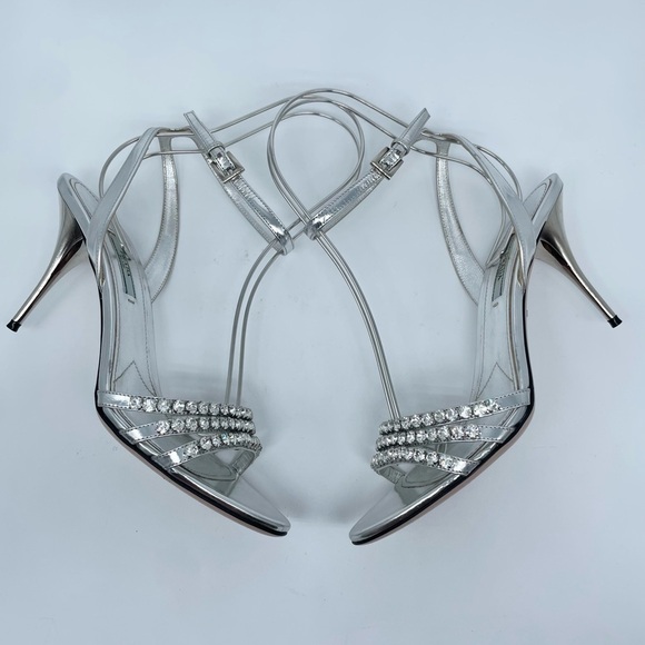 Prada Silver Leather Crystal embellished strappy heels EU 39 - Picture 3 of 13